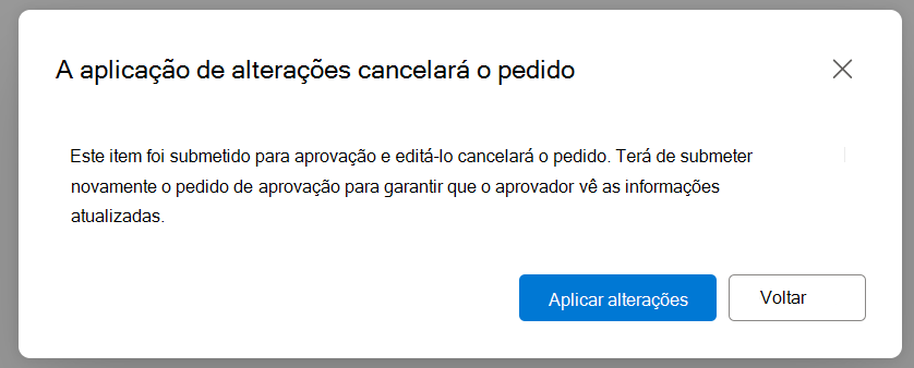 Caixa de diálogo para avisar o utilizador de que as atualizações irão repor o estado de aprovação