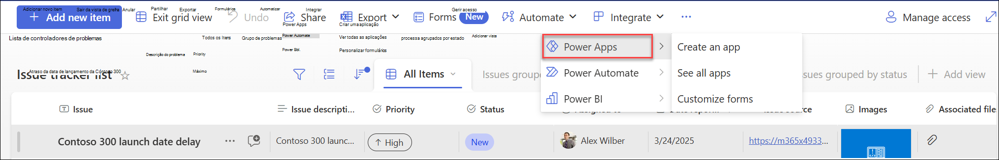 Imagem do menu do Power Apps com a opção Criar uma aplicação selecionada