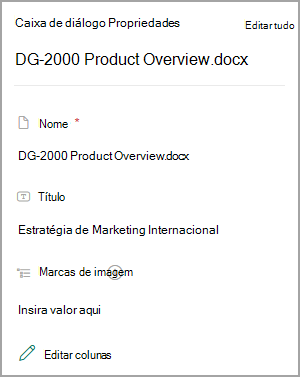 Captura de ecrã a mostrar as Propriedades de um documento numa biblioteca do SharePoint.