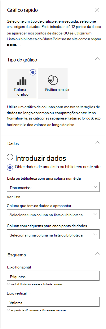 captura de ecrã do painel de edição do gráfico de colunas