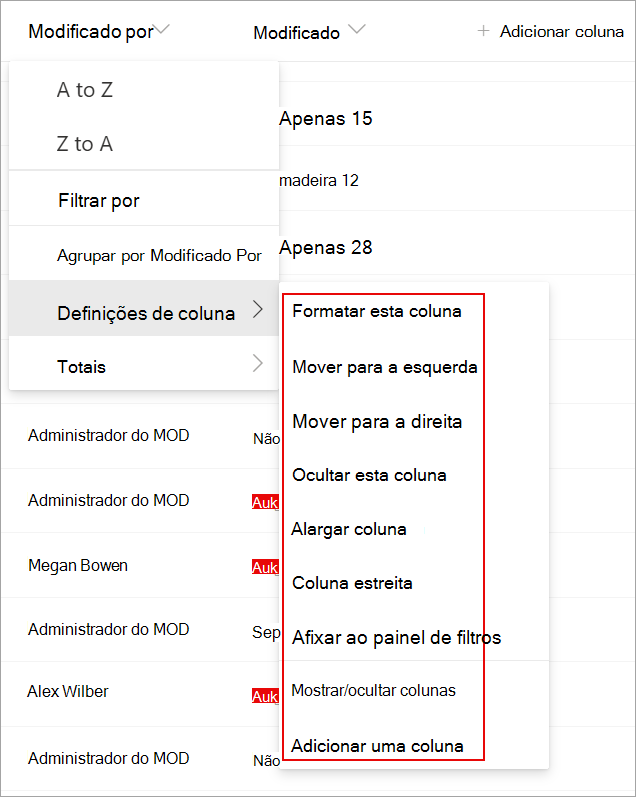 Captura de ecrã a mostrar as definições de coluna numa lista que pode utilizar para modificar a sua lista.