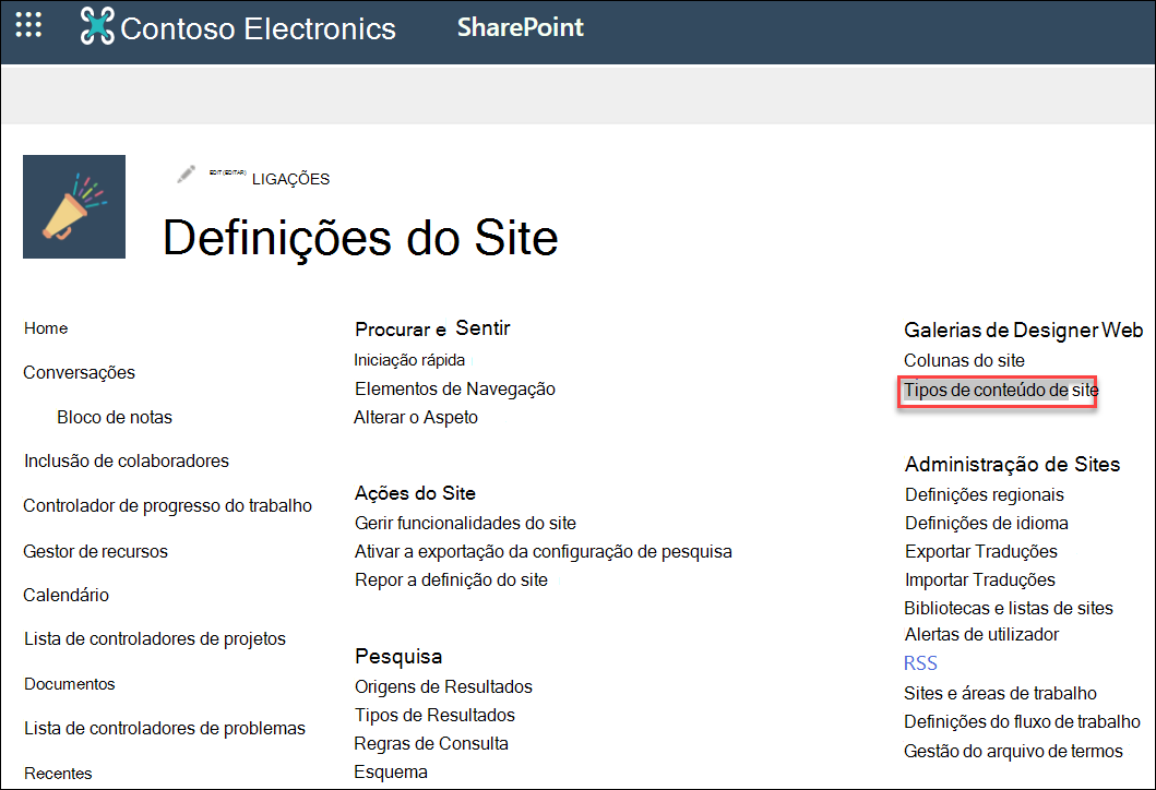 A opção Tipos de Conteúdo do Site na caixa de diálogo Definições do Site.