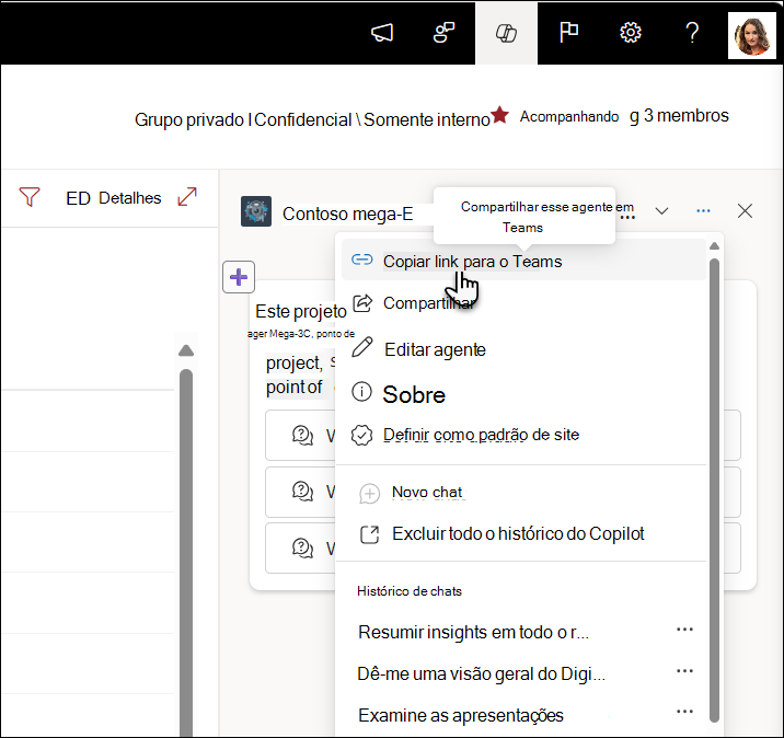 Captura de ecrã da ligação Copiar para partilhar no Teams