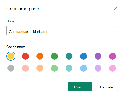 Pode introduzir o nome da nova pasta na caixa de diálogo Criar uma pasta na experiência Moderna do SharePoint.
