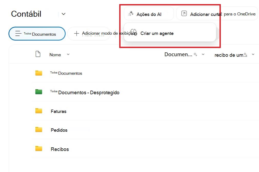 Captura de ecrã a mostrar o botão para criar um agente a partir de uma biblioteca de documentos do SharePoint.