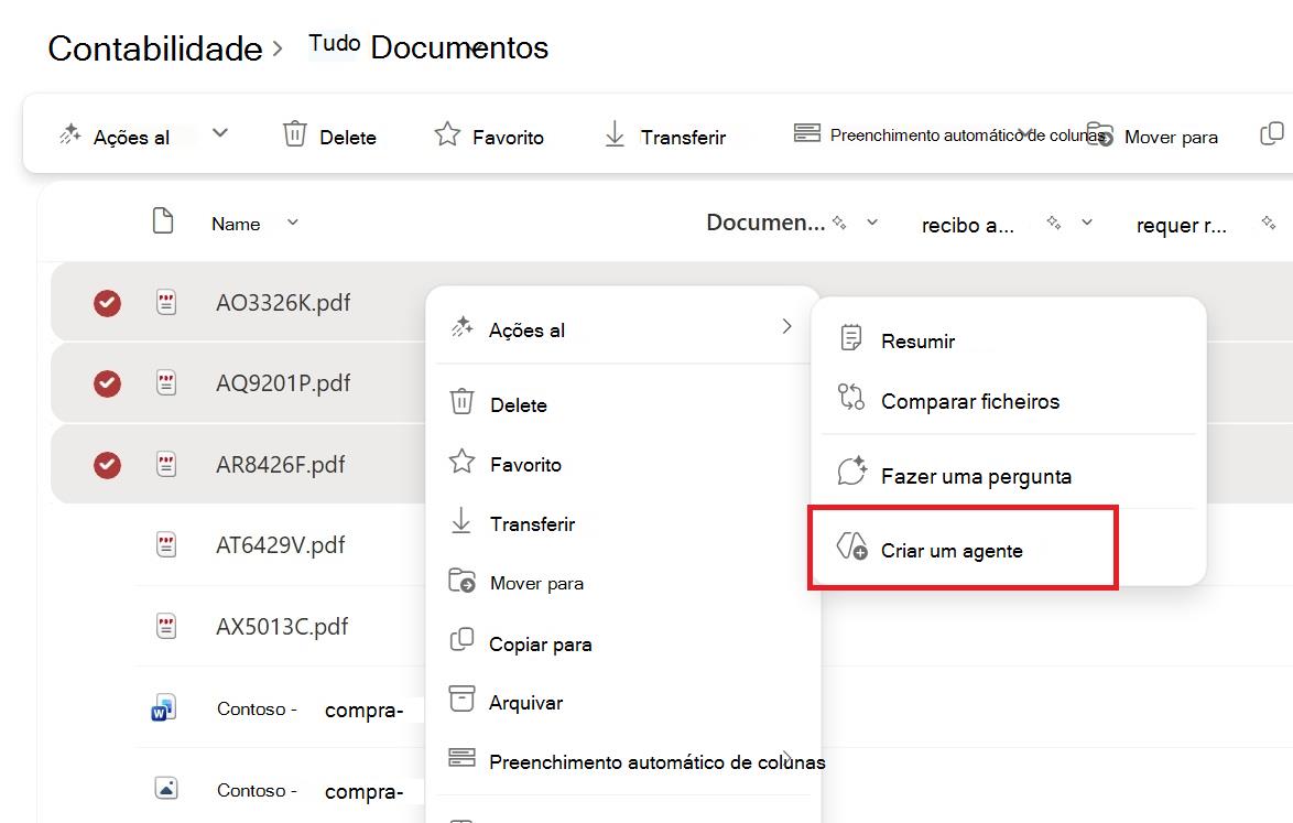 Captura de ecrã a mostrar o botão para criar agente a partir do menu de contexto de seleção de ficheiro ou pasta