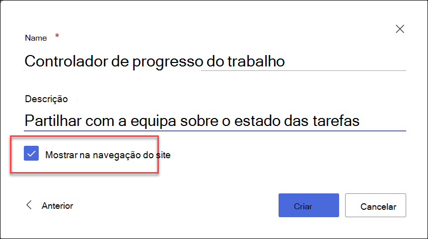 captura de ecrã a mostrar a criação de uma lista a partir de um site do SharePoint