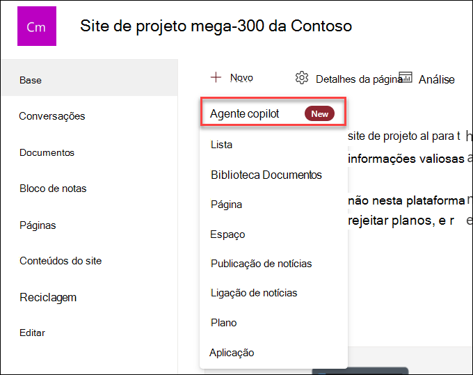 A captura de ecrã da criação de um novo agente do copilot a partir da home page do site
