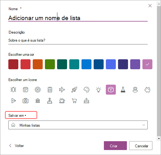 Captura de ecrã das opções para personalizar as suas listas no SharePoint.