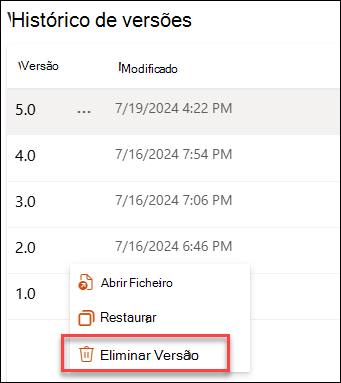 Captura de ecrã a eliminar uma versão