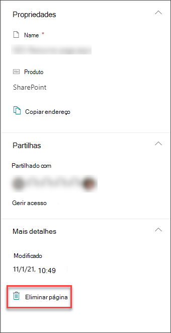 Captura de ecrã da opção Eliminar página no painel de detalhes da página
