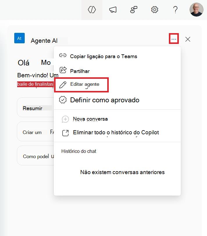 Captura de ecrã do menu para editar um agente do SharePoint a partir do sidecar