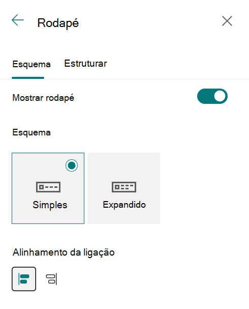 Opções de alinhamento do rodapé do site no painel Alterar o aspeto