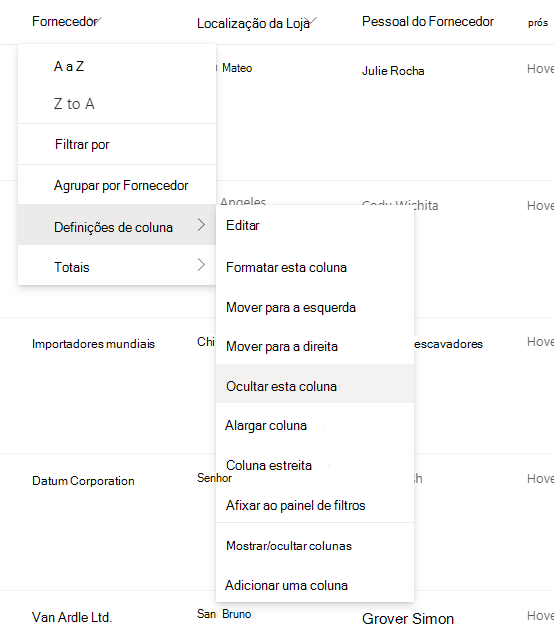 As definições da > Coluna Ocultar esta opção de coluna quando o cabeçalho de uma coluna estiver selecionado numa lista ou biblioteca do SharePoint moderna