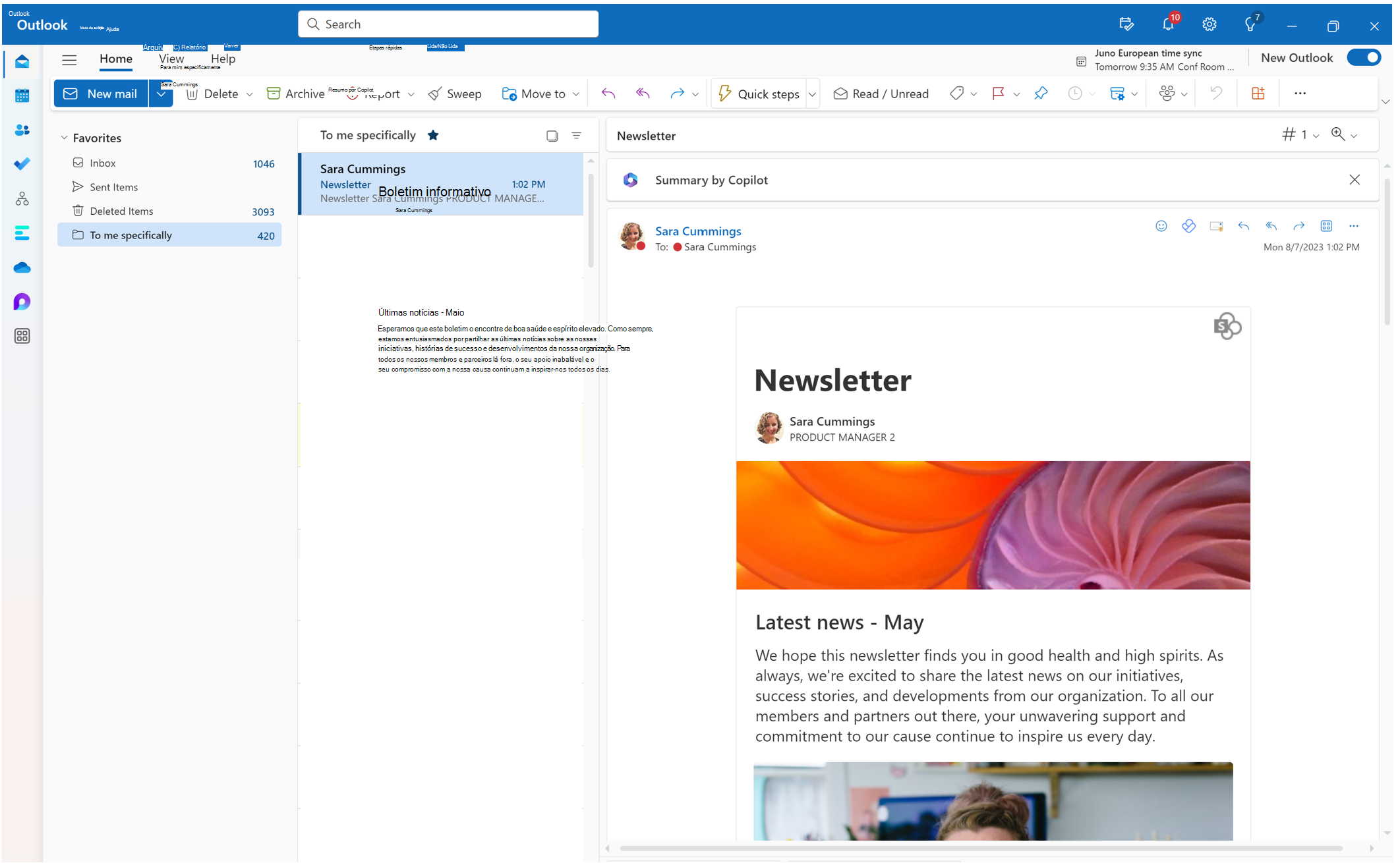 captura de ecrã da caixa de entrada do Outlook a mostrar uma publicação de notícias sharepoitn