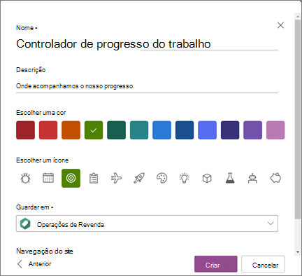 Captura de ecrã a mostrar a introdução de um nome de lista e a seleção de um site do SharePoint como a localização para guardar uma lista ao criar uma lista