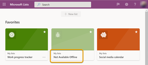 Quando trabalha offline, uma lista que não está sincronizada com o seu dispositivo é identificada como indisponível porque não consegue abri-la.