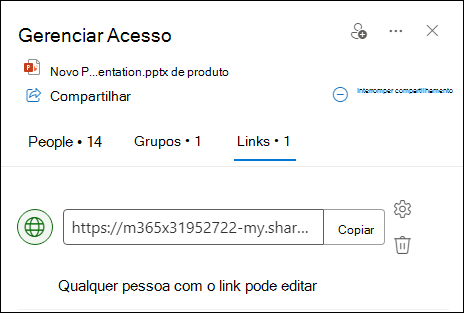 Captura de ecrã a mostrar a caixa de diálogo Gerir Acesso com o separador ligações aberto.
