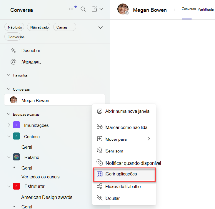Captura de ecrã da gestão de aplicações num chat do Teams