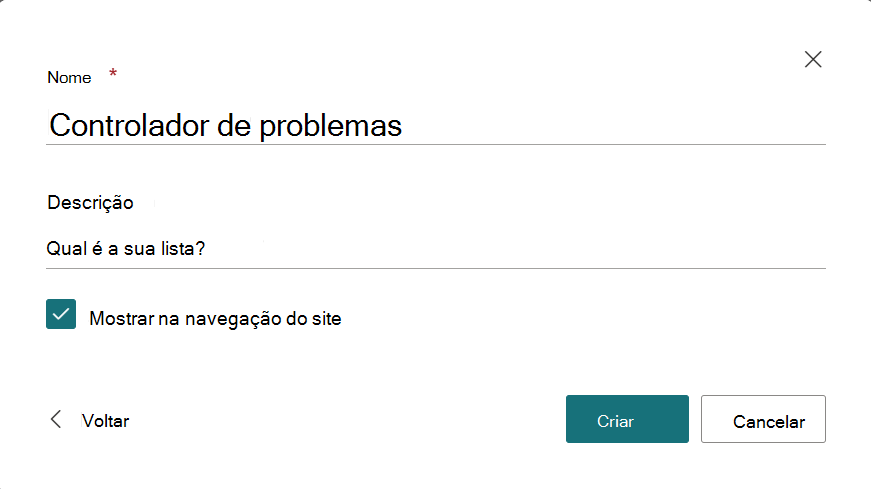 Caixa de diálogo para fornecer um nome e uma descrição da nova lista