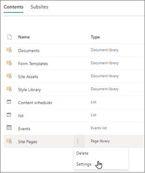 Imagem da página de conteúdos do site com as reticências selecionadas para Páginas do site. O cursor está a pairar sobre as Definições.