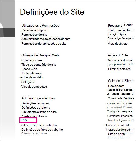 Página Definições do Site do SharePoint com a ligação RSS realçada em Administração do Site