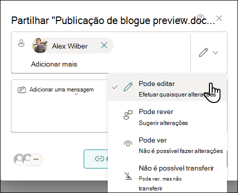 Selecione uma definição de permissão para pessoas convidadas a partilhar um documento