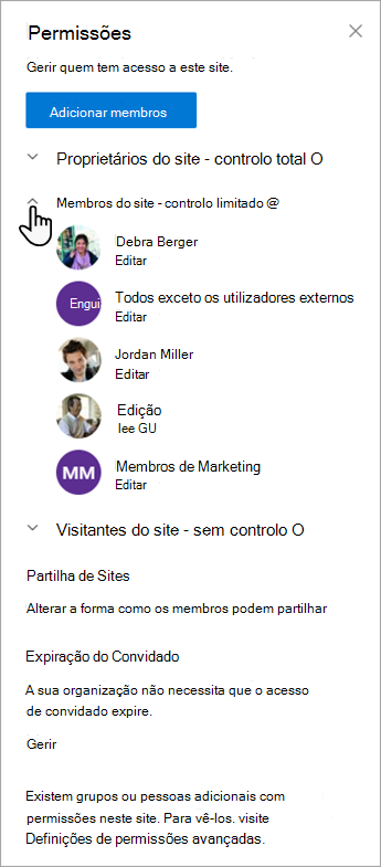 A caixa de diálogo Permissões que permite gerir os membros e os respetivos níveis de permissão.