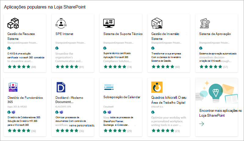 Captura de ecrã a mostrar algumas das aplicações populares disponíveis para adicionar ao seu site a partir da Loja SharePoint.
