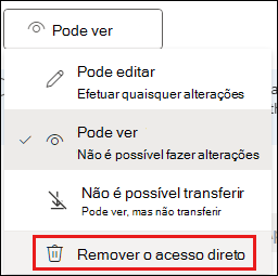 Captura de ecrã a mostrar as permissões de partilha com a opção remover o acesso direto realçada.
