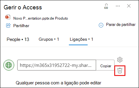 Captura de ecrã a mostrar a caixa de diálogo Gerir Acesso com o separador da ligação aberto. O botão remover ligação está realçado.
