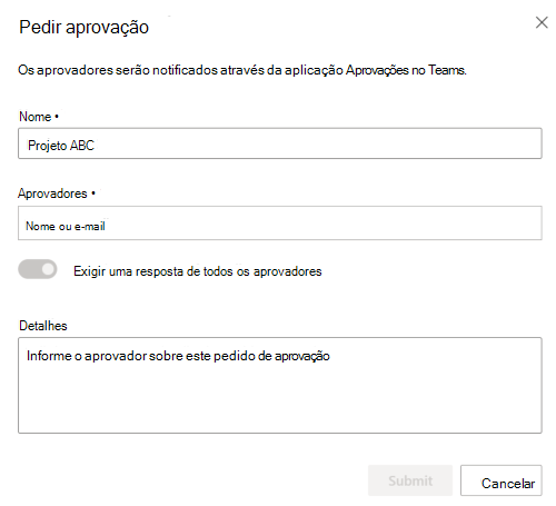 Captura de ecrã a mostrar a caixa de diálogo Pedir aprovação.