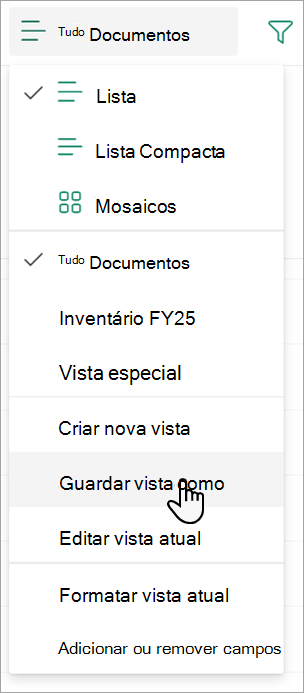 Captura de ecrã a mostrar a vista Guardar como comando que pode utilizar para atribuir um nome à sua vista.