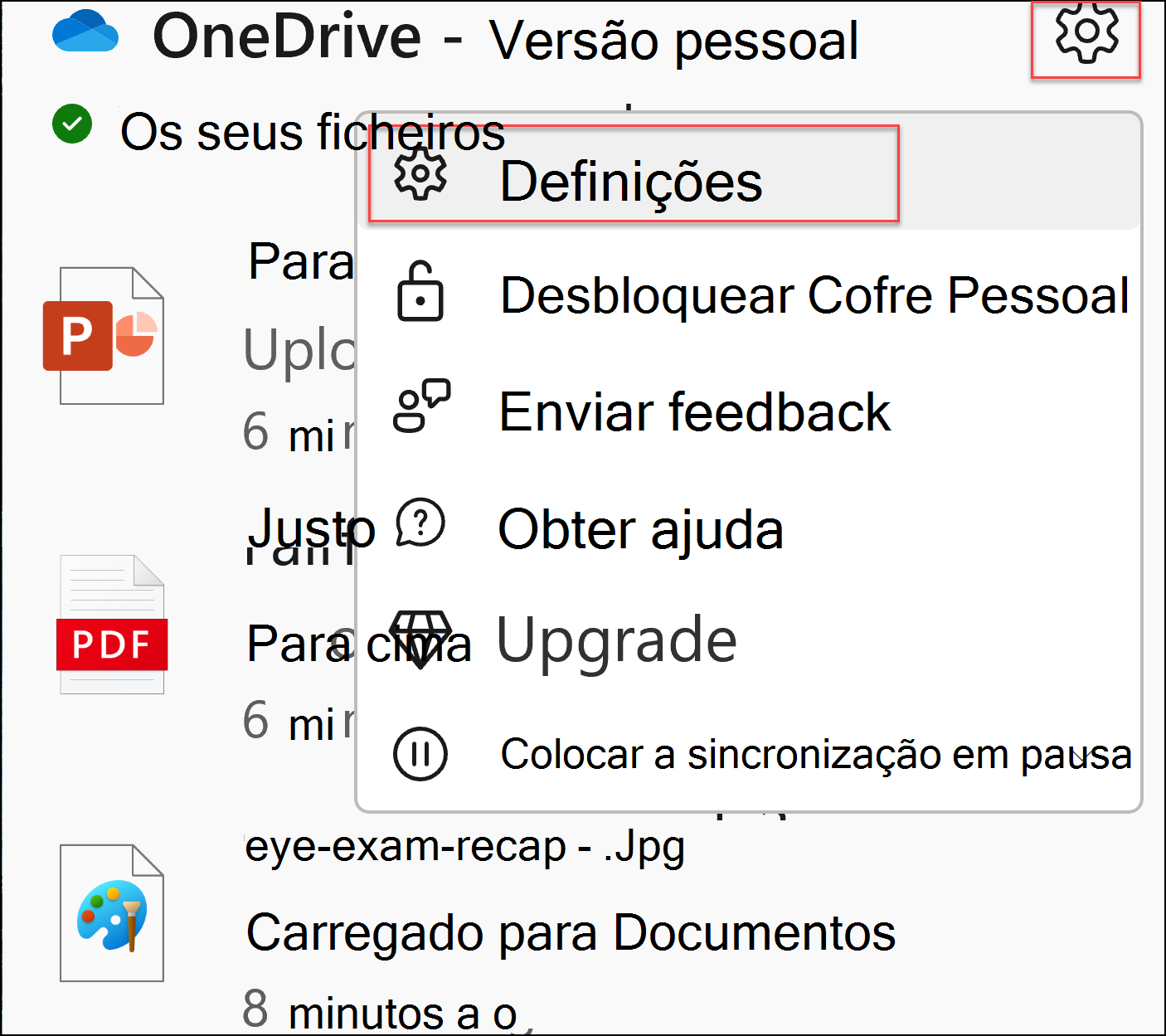 captura de ecrã das definições do oneDrive