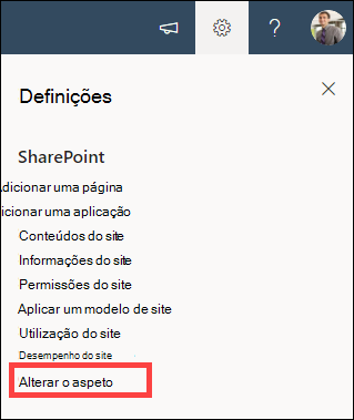 Opção de definições aberta com a opção alterar o aspeto realçada.