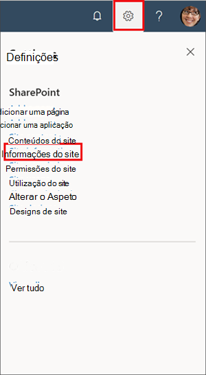 Imagem do painel de definições com as informações do site realçadas