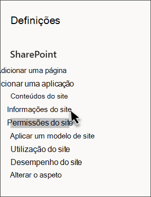 Captura de ecrã das definições do SharePoint com a opção Informações do site selecionada
