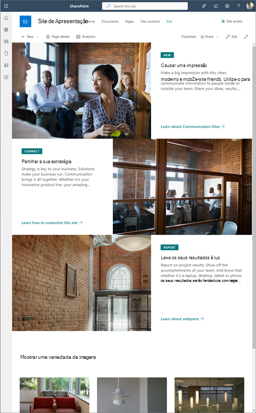 Estrutura de demonstração do site de comunicação do SharePoint
