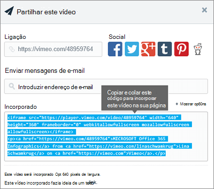 Exemplo de utilização de código de incorporação para incorporar conteúdo na página do SharePoint