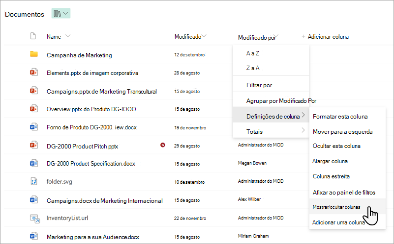 Captura de ecrã a mostrar o comando Mostrar/ocultar colunas numa lista.