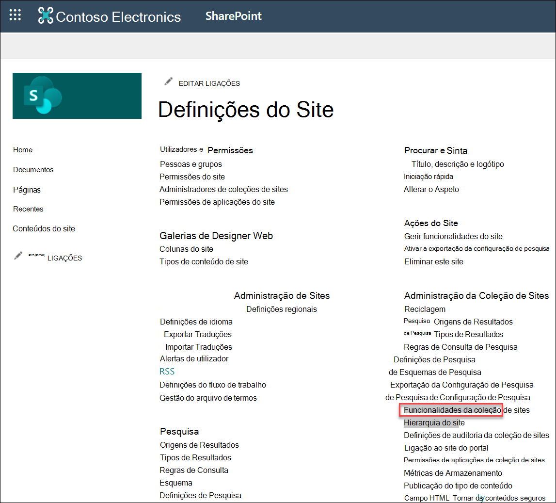 captura de ecrã da seleção das funcionalidades da coleção de sites