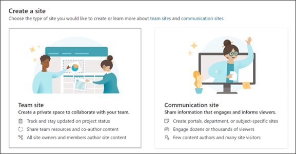 Imagem da opção para criar um site de equipa ou um site de comunicações no SharePoint.