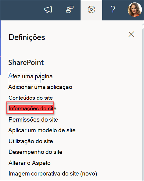 A opção Informações do Site na caixa de diálogo Definições.