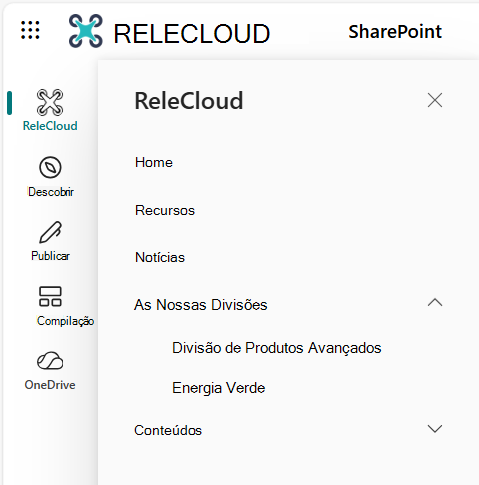 Página principal da barra de aplicações do SharePoint
