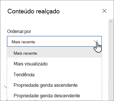 As opções Ordenar Por para a peça Web Conteúdo Realçado na experiência moderna do SharePoint