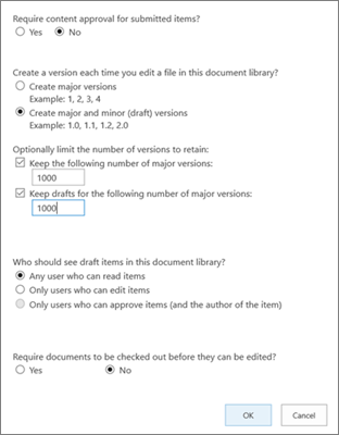 Opções de Definições da Biblioteca no SharePoint Online a mostrar o controlo de versões ativado
