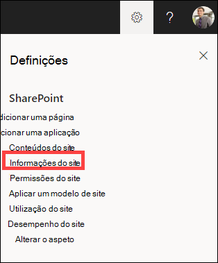 Painel de definições aberto com as informações do site realçadas.