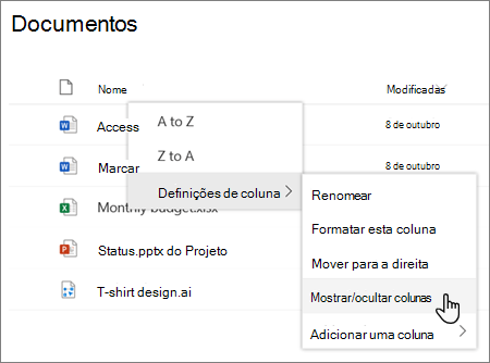 As definições > de Coluna Mostrar/ocultar a opção de colunas quando o cabeçalho de uma coluna está selecionado numa lista ou biblioteca do SharePoint moderno