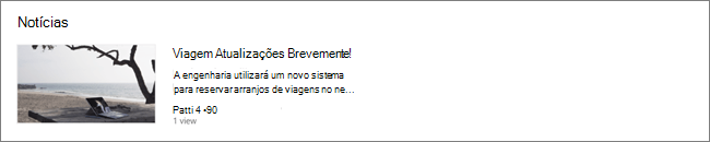 Captura de ecrã da peça Web Notícias de um site do SharePoint, onde as mensagens foram filtradas
