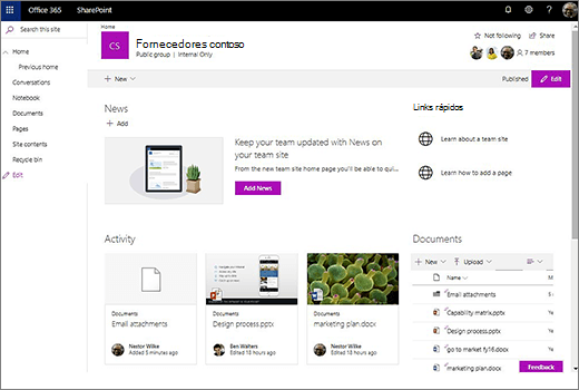 Isto mostra o site de equipa depois de ligar um novo Grupo de Office 365 e inclui ligações para o seu site de equipa antigo.